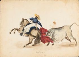 Rejoneadora on Rearing Horse (Seen From Behind, Bull Charging Towards Left)